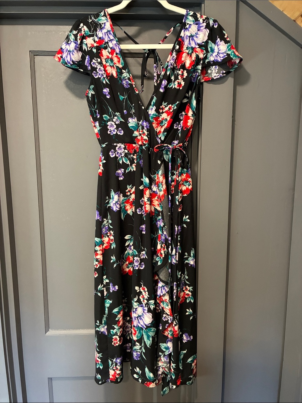 Xhilaration Black Floral Wrap Midi Dress with Red & Purple Flowers